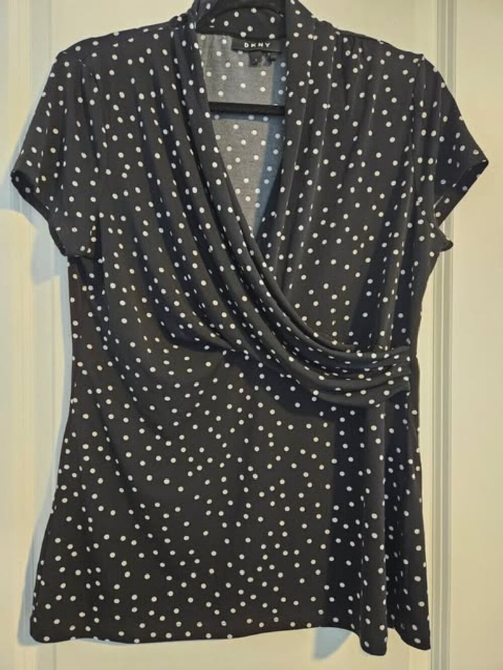 DKNY Black White Polka Dot Draped Blouse Top Size L